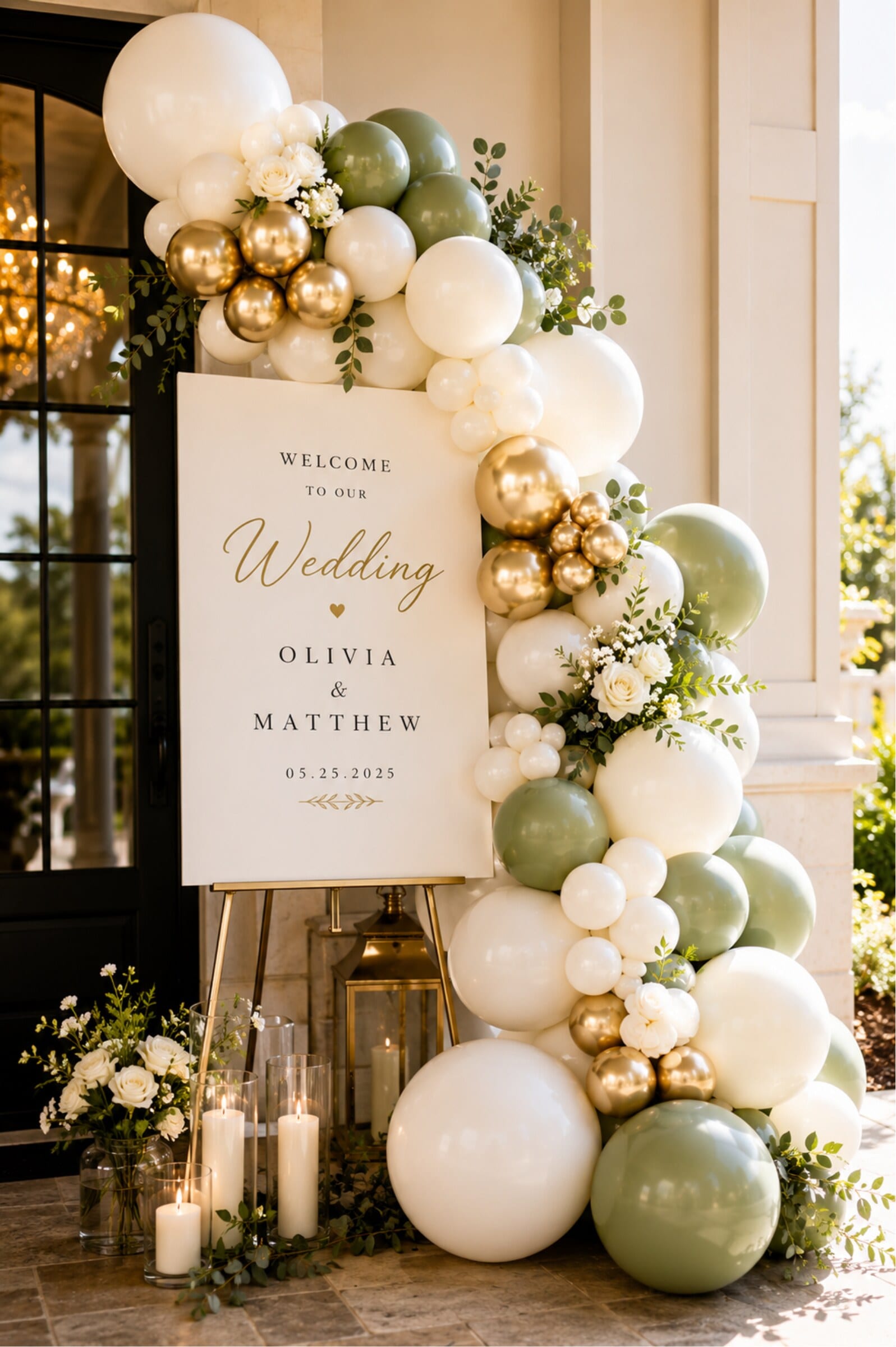 A sage green, white, and gold balloon garland framing a wedding welcome sign with candles.