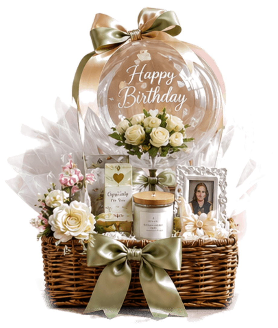 A wicker gift basket with a clear Happy Birthday balloon, sage green bows, white roses, a candle, and a framed photograph.